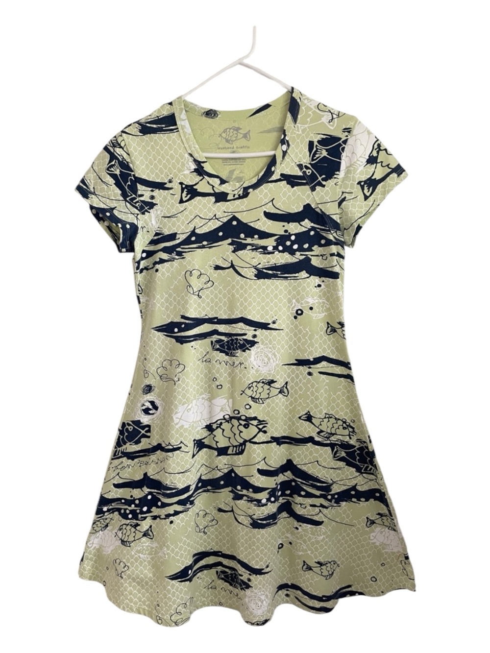 Vintage Weekend Traffic Sea Life Print A-Line Tee Dress in Lime & Navy S EUC